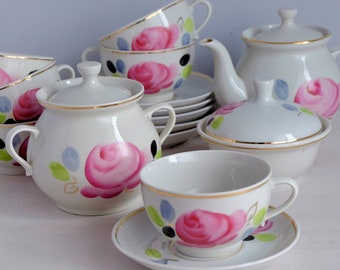 Seltenes handbemaltes Vintage-Teeservice für 6 Personen, florale Teetassen und Untertassen, weißer Teeservice, Teekannen-Set, Mid-Century, Vintage-Geschirr