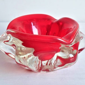 Bohemian Red and Clear Art Glass Bowl, Heavy Hand Blown Glass Ashtray, Trinket Dish, Jewelry Dish, Czechoslovakia, 1960s