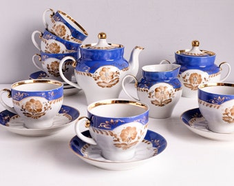 Handbemaltes Tee- oder Kaffeeset für 6 Personen, Teeservice mit Blumenmuster, Teekannen-Set, Teetassen und Untertassen,