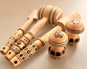 NOS Wooden Kitchen Utensils, Vintage Cooking Tools Set, Meat Hammer, Potato Masher, Wooden Spatula, Wooden Mushroom Salt and Pepper Shakers