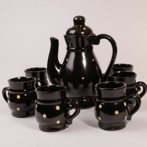Keramik-Schokoladen-/Kaffeekannen-Set für 6 Personen, schwarz-gelb gepunktetes Keramik-Tee-/Kakao-Set, Kaffeetassen, Teekanne