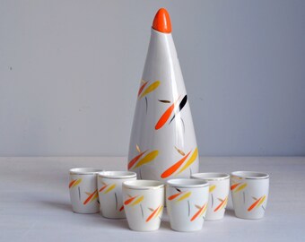 Mid Century Decanter and 6 Shot Glasses, Vintage Porcelain Drinking Set, Liqueur Bottle + 6 Cups, Vintage Drinkware Set