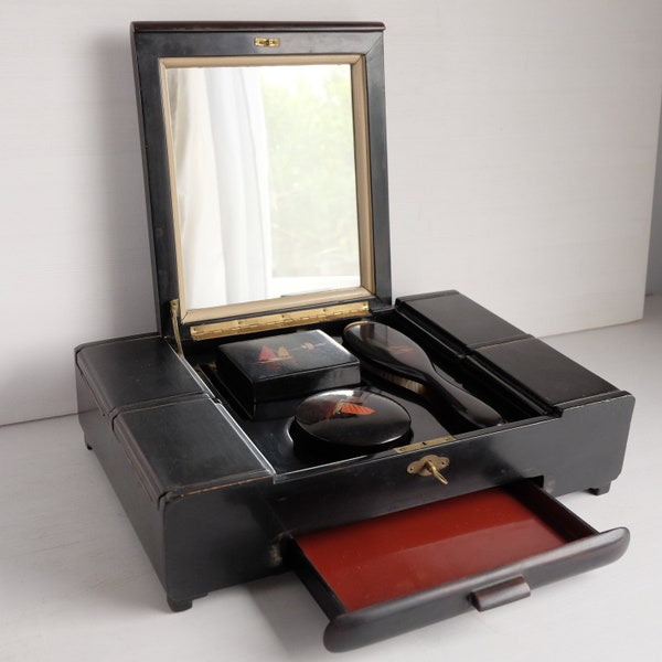 Large Vanity Box, Chinoiserie, Asian Vintage Jewelery Box with Mirror, Hand Painted Black Lacquer Vanity Set