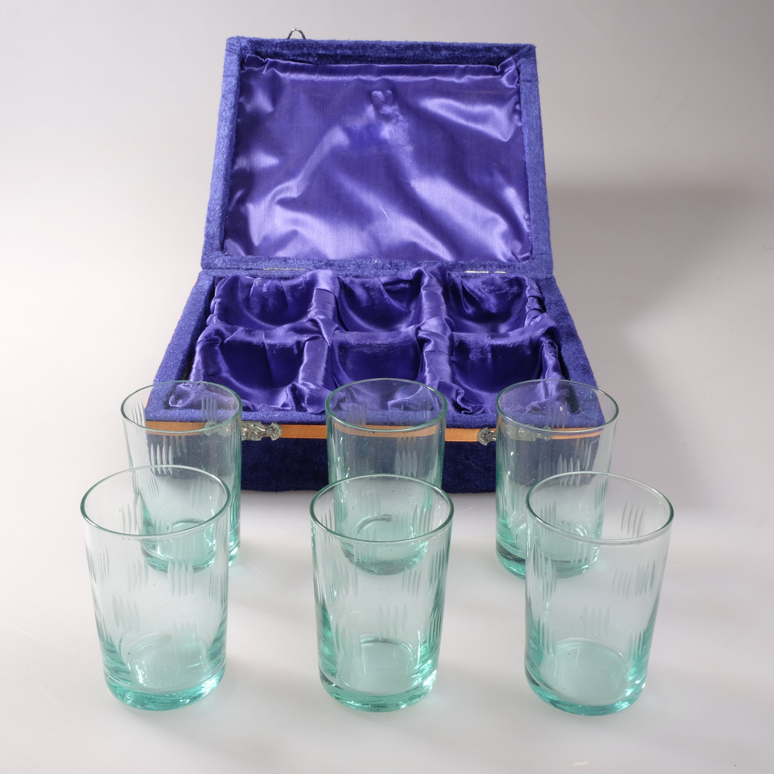 Mid Century Etched Green Glass Shot Glasses Gift Set Vintage Etsy