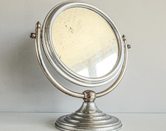 ヴィンテージ風卓上ミラー（金属フレーム付き）、回転式ラウンド化粧鏡、レトロ／シャビーシックな装飾