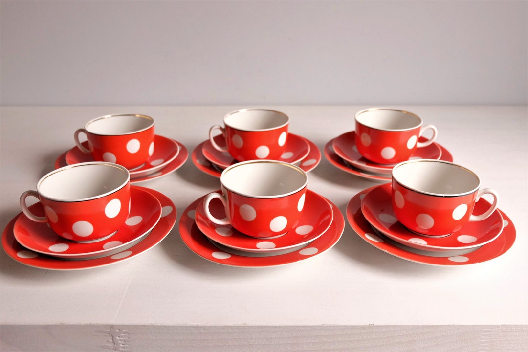 Vintage Tea Trio Set Polka Dot Tea Cups Saucers Plates Red Etsy
