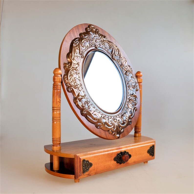 Large Table Mirror Wooden Vanity With Drawer Vintage Cabinet Swivel Mirrored Jewellery Box Toilet Makeup Dressing