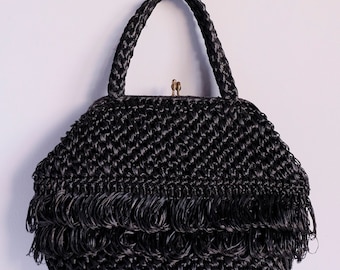1950s Black Raffia Handbag, Vintage Top Handle Purse