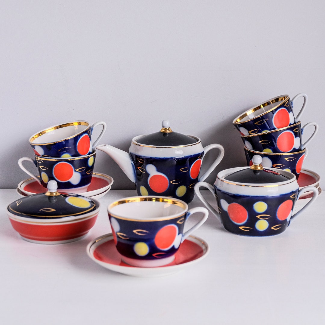Vintage Tea Set for 6, Hand Painted China Tea Service, Mid Century