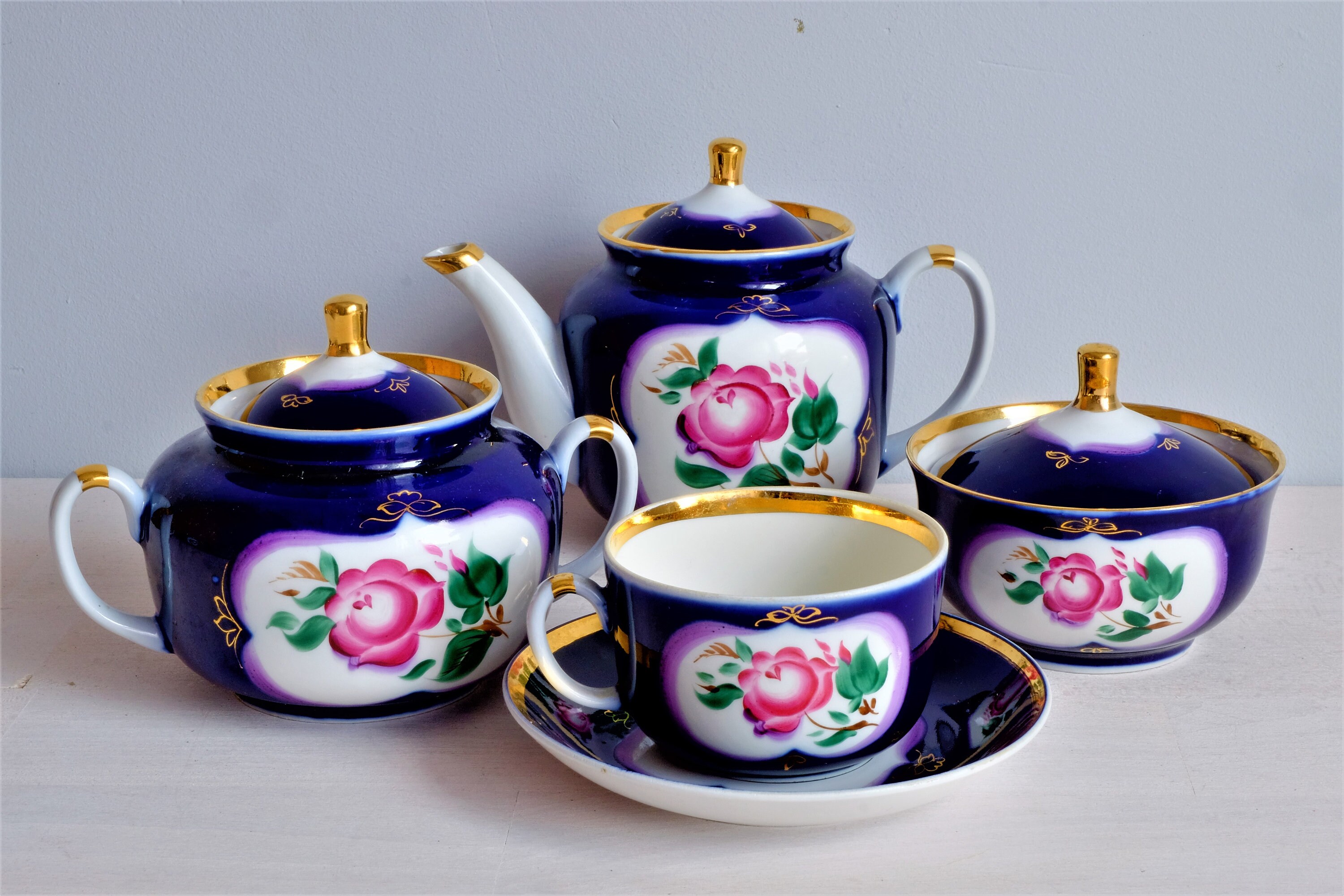 Tea Set Vintage for 6 Hand Painted Cobalt Blue Teapot Set Etsy