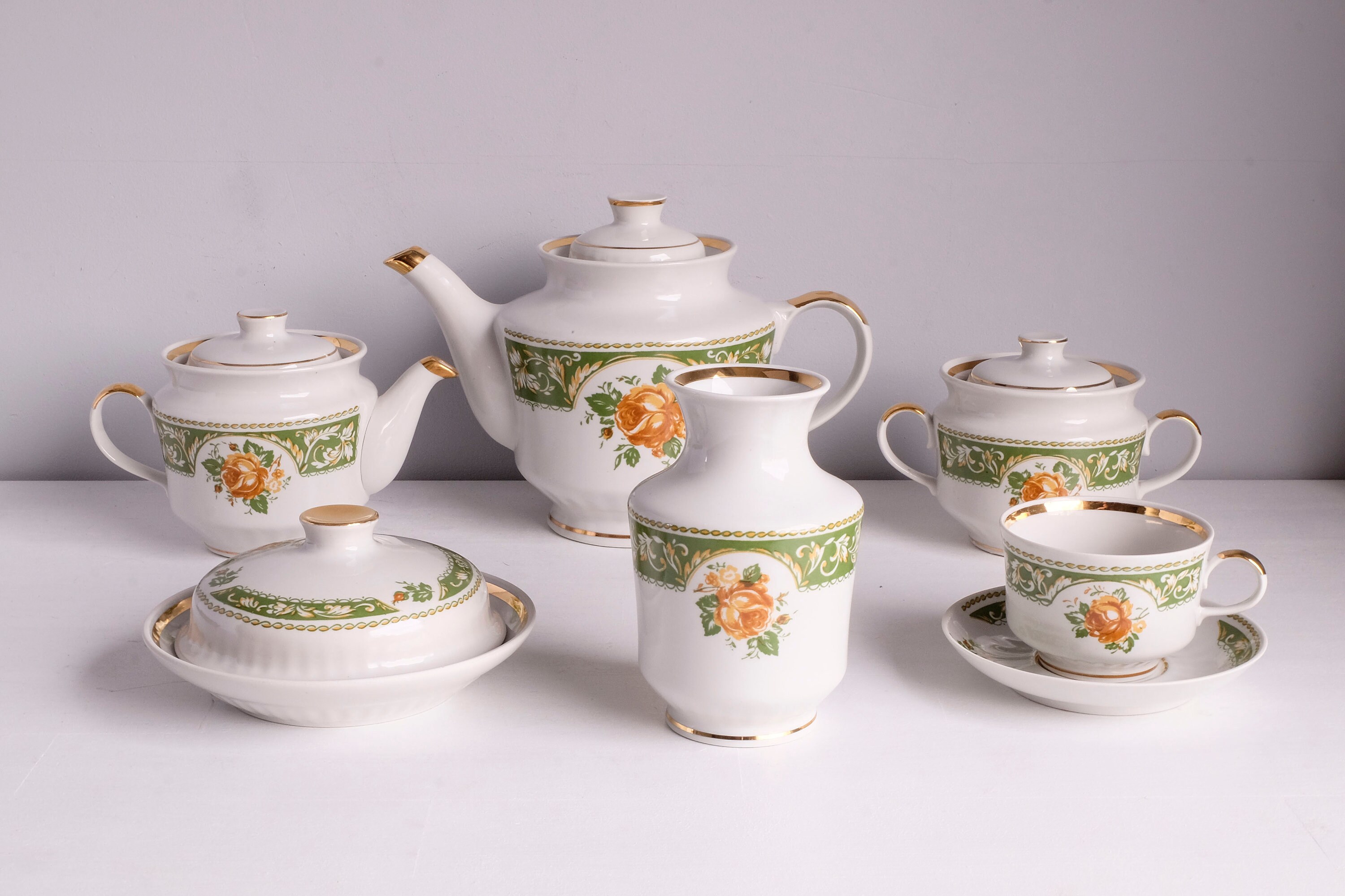 Full Retro Tea Set Tea Set for 6, Vintage White Green Tea Service, Afternoon Tea, Coffee ...