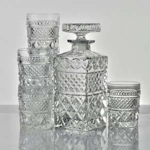 Very Heavy 1+6 Whiskey Decanter Set, Vintage Bohemia Crystal Glass Whiskey Set, Fashioned Glass Set, Rocks Glasses,1970s, Midcentury Barware