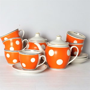 Tea set for 6, Orange White Polka Dot Teapot Set, Mid Century, Tea Cups Saucers Set, Tea Set with Tea Pot, USSR Coffee Set