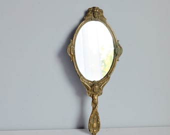 Hand Mirror with Handle Vintage Bronze Vanity Mirror Make up Hand Held Mirror