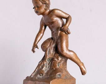 Antique Bronze Boy Figurine with Marble Base Early 20th Century Sculpture