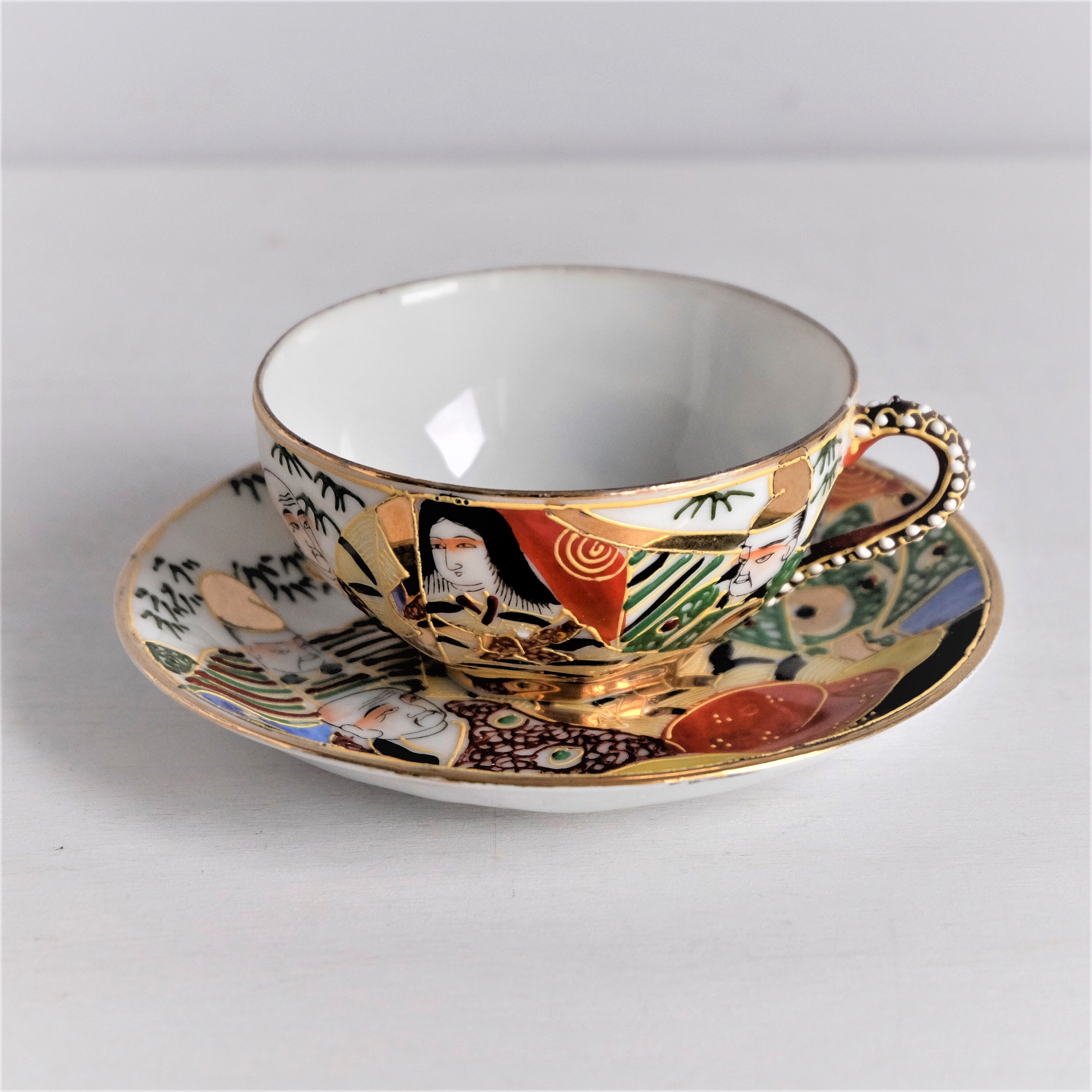 Vintage Eggshell Porcelain Tea Pair, Moriage Kutani Hand Painted Tea ...
