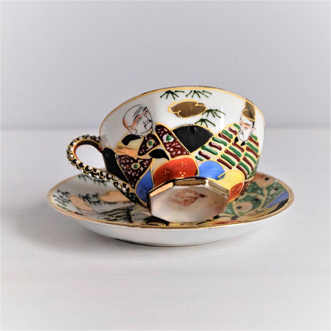 Vintage Eggshell Porcelain Tea Pair, Moriage Kutani Hand Painted Tea ...