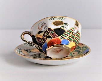 Vintage Eggshell Porcelain Tea Pair, Moriage Kutani Hand Painted Tea Cup and Sauser, Japanese Lithophany Geisha Fine China Tea Set