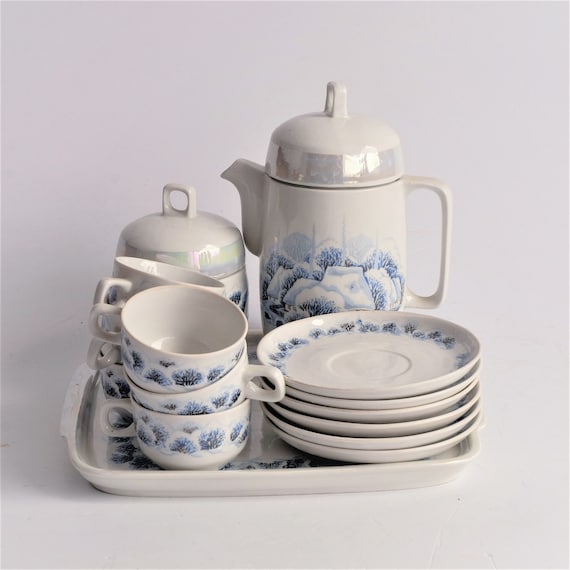 Winter Coffee Set, Vintage Coffee Tray Set for 6, Coffee Serving Set, Demitasse Set, Espresso Service Set