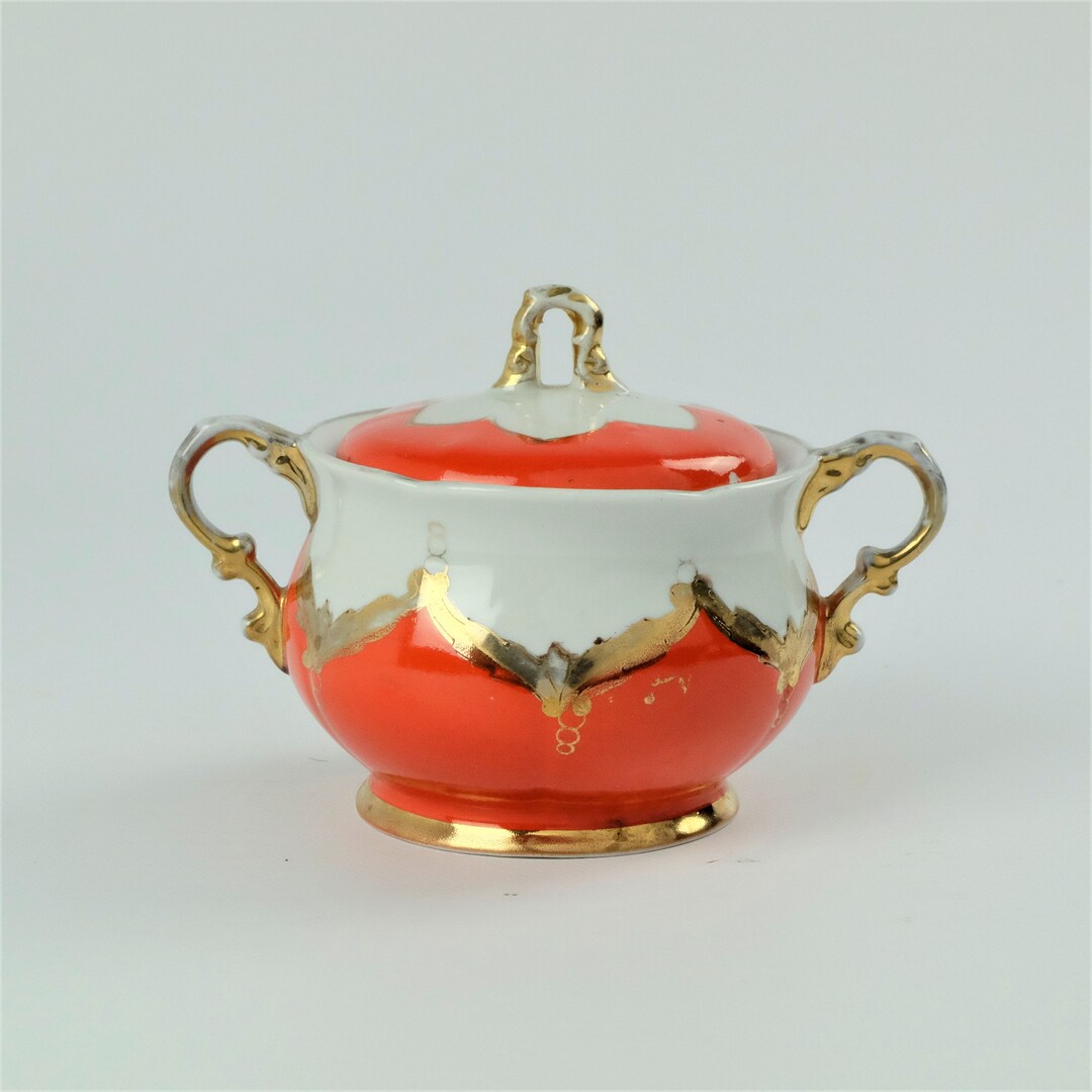 Sugar Bowl With Lid Red White and Gold Lidded Sugar Bowl Coffee Tea