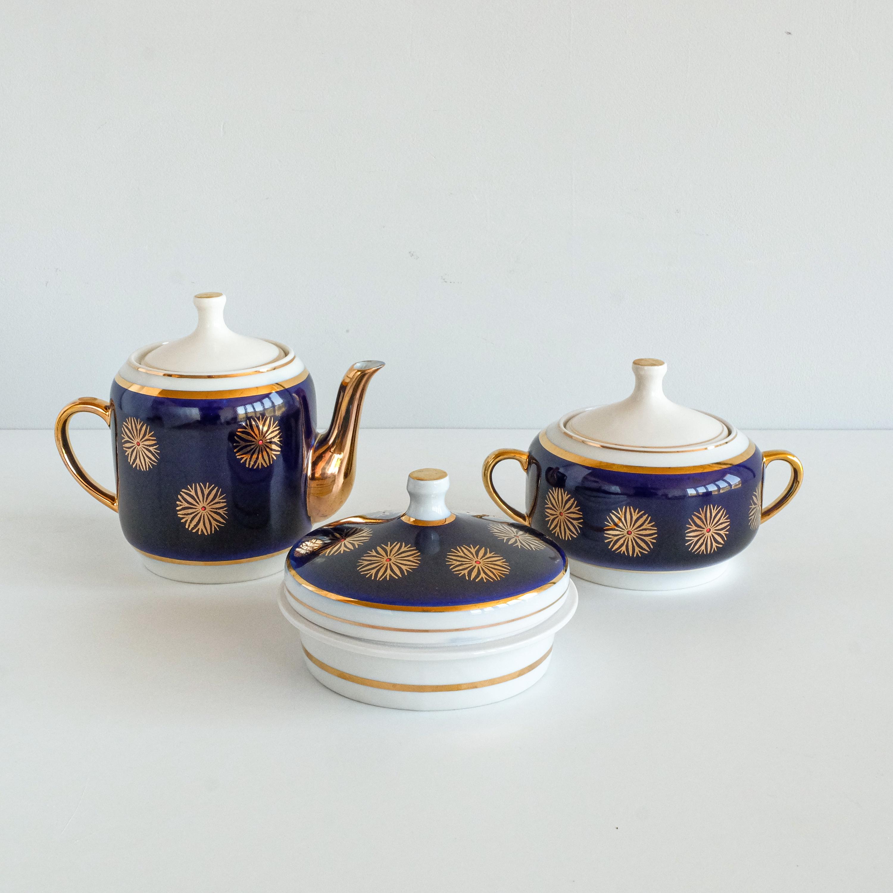 Cobalt Blue With Gold Porcelain Tea Set for 6, USSR Vintage 70s Tea ...