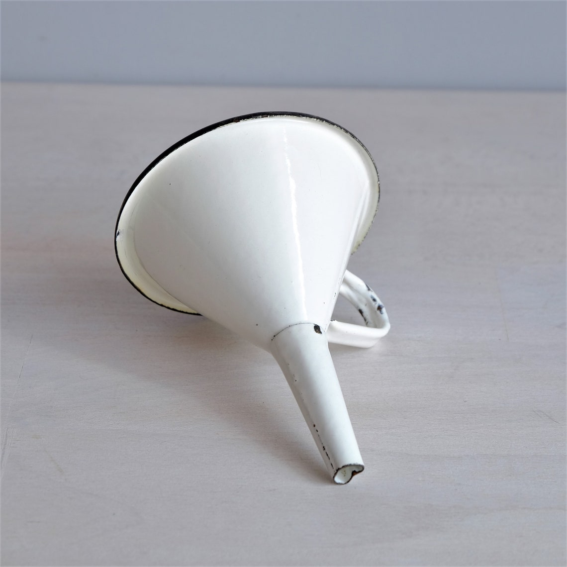 Vintage Enamelware White Enamel Funnel With Handle Retro Etsy
