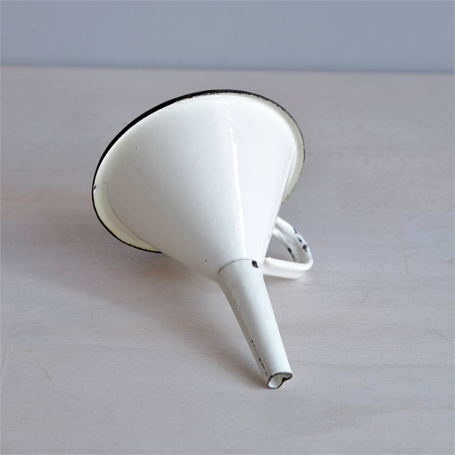 Vintage Enamelware White Enamel Funnel With Handle Retro Etsy