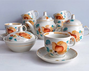 Hand Painted Tea Set for 6, Tea Cups and Saucers, Tea Service, Mid Century Retro Teapot Set