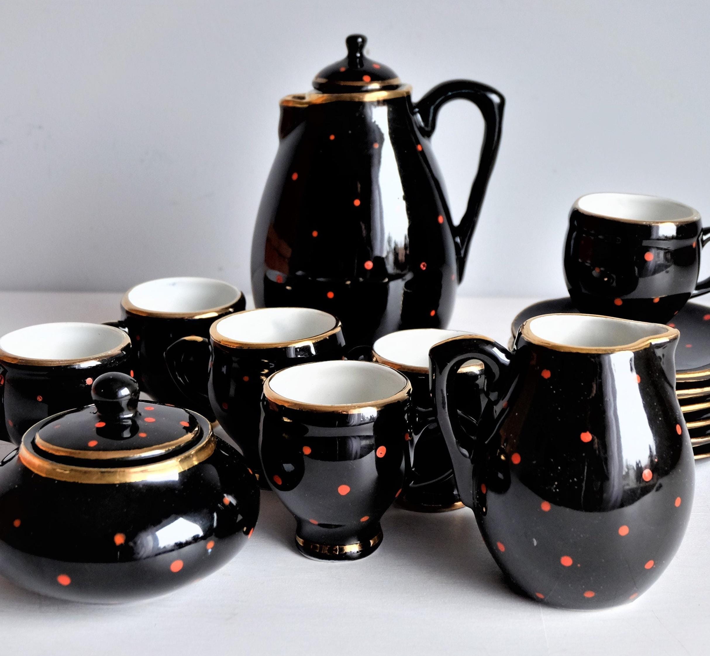 Ceramic Coffee Set for 6, USSR, 1970s, Retro Black and Red Tea Set, Mid Century Demitasse Cups Saucers, Polka Dots Coffee Set