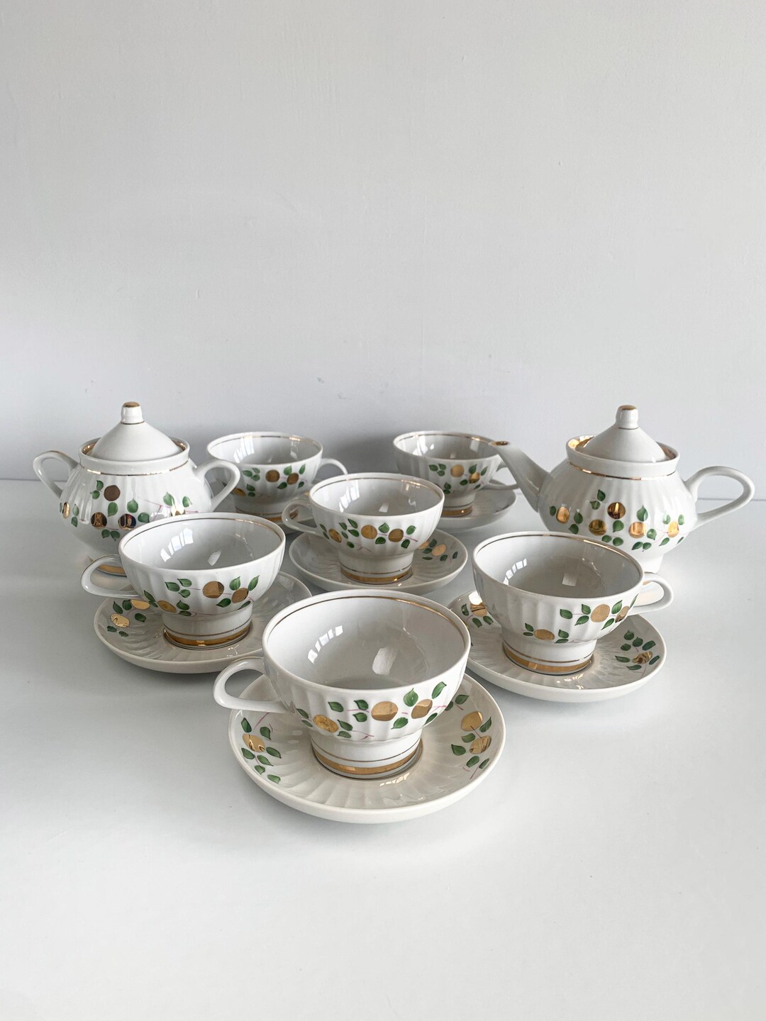 Vintage Hand Painted Porcelain Tea Set, Minsk USSR, 1970s, Gold & Green ...