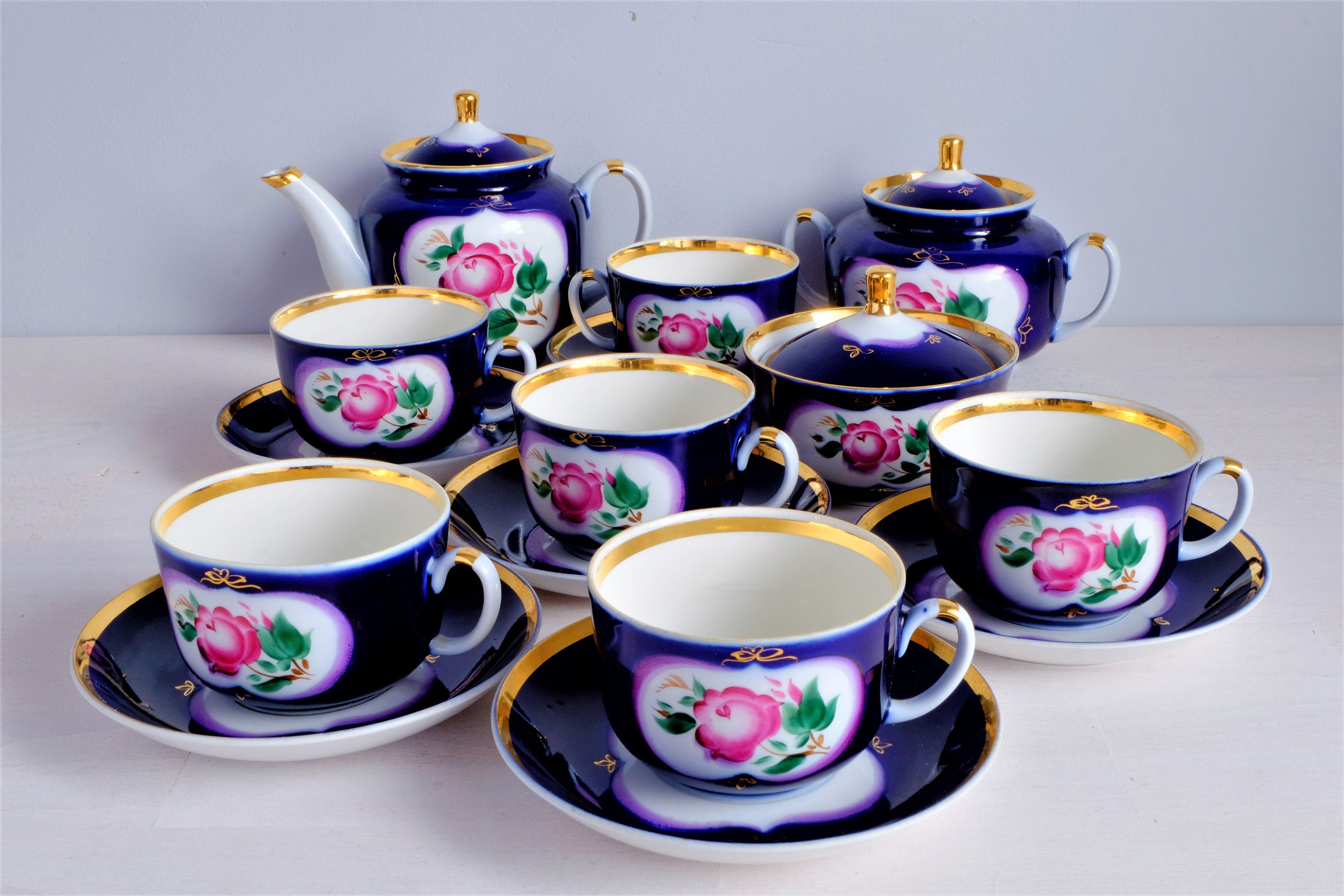 Tea Set Vintage for 6 Hand Painted Cobalt Blue Teapot Set Etsy
