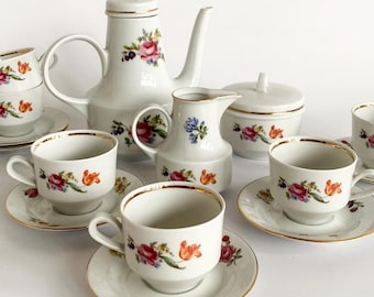 Vintage Henneberg Porcelain Coffee Set, GDR 70s, Floral Gold Trim Coffee Service, Mid-Century German Tableware, Espresso Cups Set with Pot