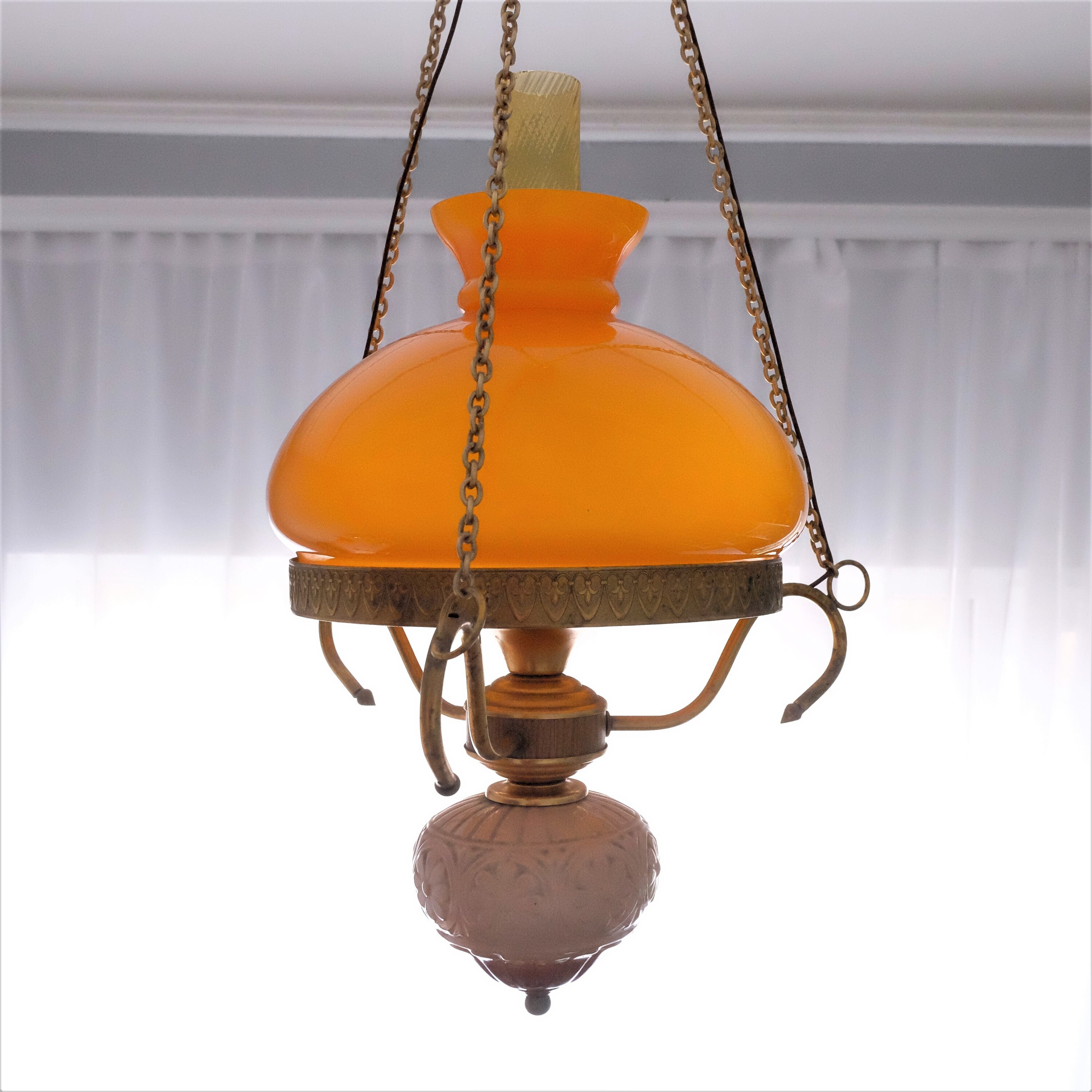 Vintage Hanging Brass and Ceramic Oil Lamp Mid century Etsy