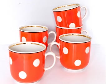 Vintage Polka Dot Coffee Mug, Red and White Polka Dot Tea Mugs, USSR, 1970s Tea Cups, Red Tea Set, Rustic Kitchen Decor