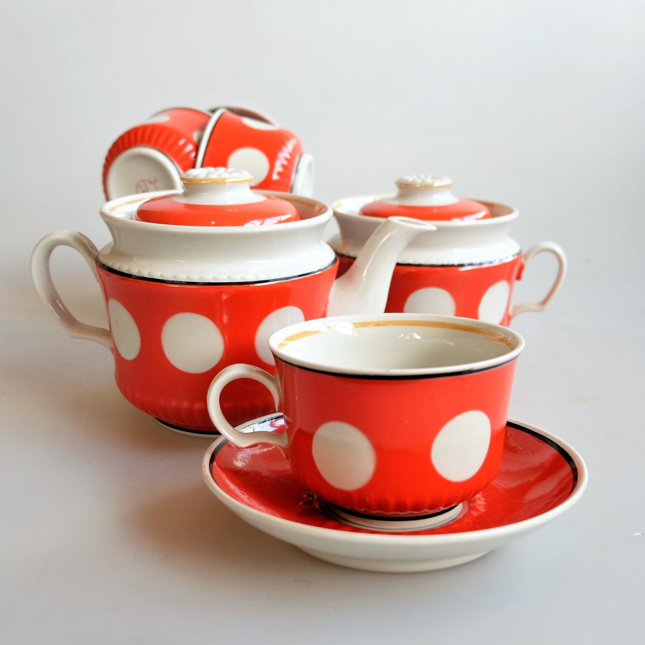 PolkaDot Tea Set for 4 Red and White Tea Cups and Saucers Etsy