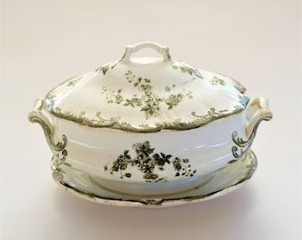 Antique Gravy Boat, Sauce Bowl with Saucer, Covered Oval Sauce Dish, USSR 1930s
