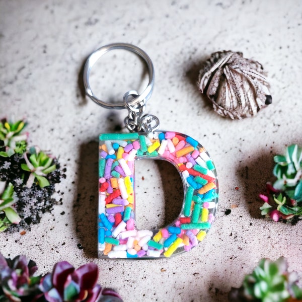 Rainbow Confetti Sprinkle Letter Keychain, Custom Keychain