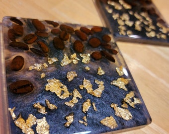 Gold Flake Coffee Bean Coaster Set: Resin Desk Decor (Set of 2)