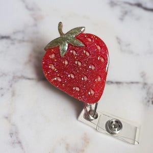 Strawberry Badge Reel: Retractable Swivel ID Holder - Alligator, Belt, Claw, Magnetic, MRI Safe