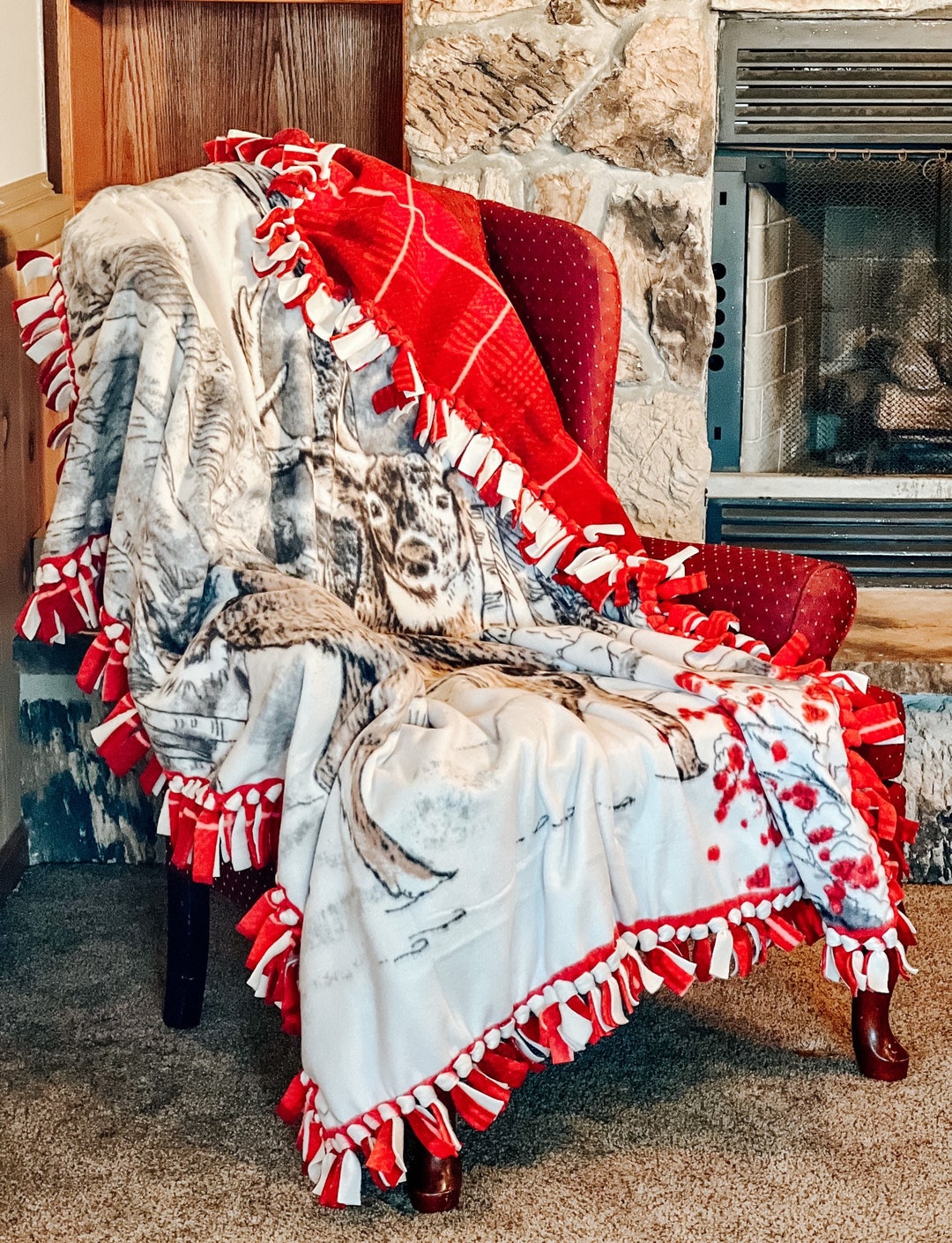 Lodge Log Cabin Throw Blanket Double Thick Fleece Tie Etsy