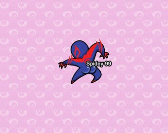 May include: A 3-inch sticker featuring a cartoon Spider-Man character in a red and blue suit with the text "Spidey 99".