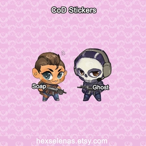 May include: Two cartoon stickers of characters from the Call of Duty video game series. The sticker on the left features Soap MacTavish, a character with brown hair and a beard, holding a gun. The sticker on the right features Ghost, a character with a skull mask and a headset, holding a gun. Both stickers have a pink background with a white pattern.