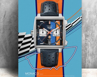 Imprimé montre Tag Heuer Monaco / Steve McQueen. Art graphique audacieux sur toile