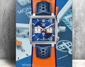Édition spéciale Tag Heuer Monaco / Impression de la montre Steve McQueen. Art graphique audacieux sur toile