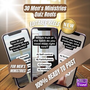 May include: Image of three smartphones displaying quiz questions for men's ministries. The phones have text overlays asking questions like "How do you recharge spiritually?" and "Which fruit of the Spirit do you need?" The image includes a "New Product" badge.