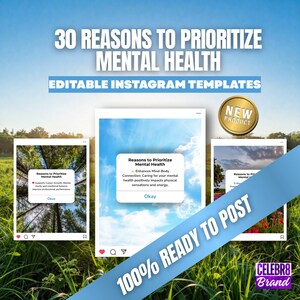 Pode incluir: Um anúncio de modelos do Instagram com o texto "30 Razões para Priorizar a Saúde Mental". Os modelos são exibidos em um fundo de grama e céu, com um selo de "Novo produto".