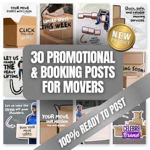 May include: A promotional graphic for movers, featuring various images of moving boxes and service-related text. The central text reads "30 Promotional & Booking Posts for Movers." Additional text includes "100% Ready to Post" and "New Product."