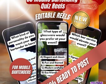 Mobile Bartending Quiz Reels, Mobile Bartender Social Media Templates, Mixologist Marketing, Bartending Posts, TikTok & YouTube Shorts Ideas
