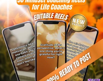 Könnte beinhalten: Bild mit drei Smartphones, die Coaching-Reels zeigen. Der Text lautet "30 Mindset Coaching Reels for Life Coaches", "Editable Reels" und "100% Ready to Post". Jedes Telefon zeigt motivierende Zitate. Ein "New Product"-Abzeichen ist sichtbar.