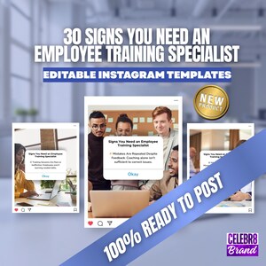 Könnte beinhalten: Werbung für editierbare Instagram-Vorlagen. Der Text lautet "30 Anzeichen, dass Sie einen Spezialisten für Mitarbeiterschulungen benötigen". Das Bild enthält Mockups von Instagram-Posts.